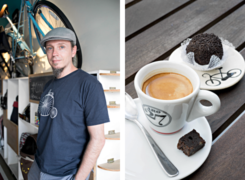 ［左］オーナーのファビオ・サモーリさん。スコットランドのデリでのアルバイトを経て飲食業経営に。［右］エスプレッソコーヒー（4レアル）とブラジルのチョコレートのお菓子ブリガデイロ（5レアル）